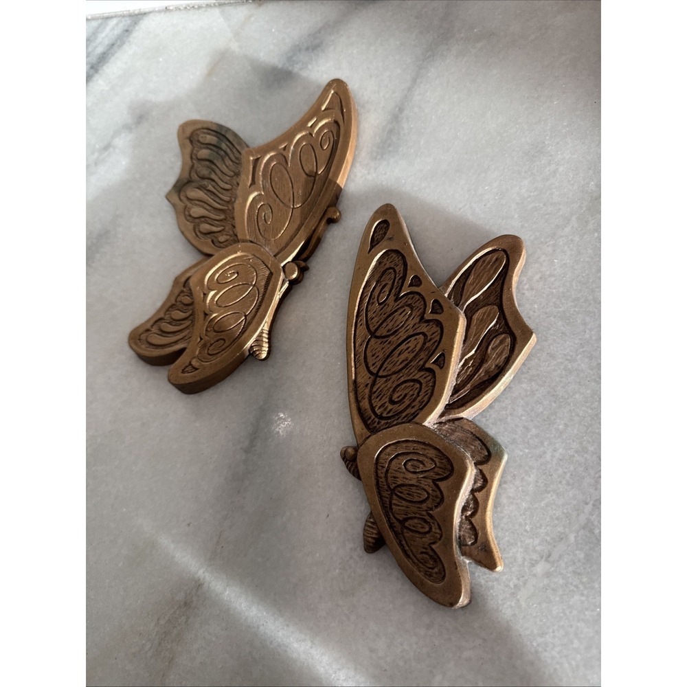 Vintage 1973‎ Universal Sanctuary Butterfly Wall Plaques - Set Of 2 - Golden MCM
